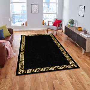 Black and Gold Ancient Greek Wave Rug, Greek Mythology, Modern Rug, Printed Carpet, Home Decor, Living Room Rug, Area Rug, Machine Washable