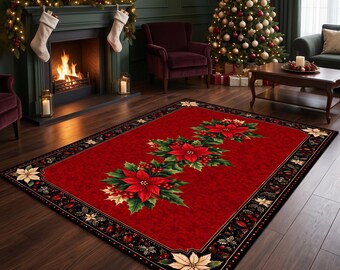 Christmas Poinsettia Area Rug, Xmas Decor Carpet, New Year Mat