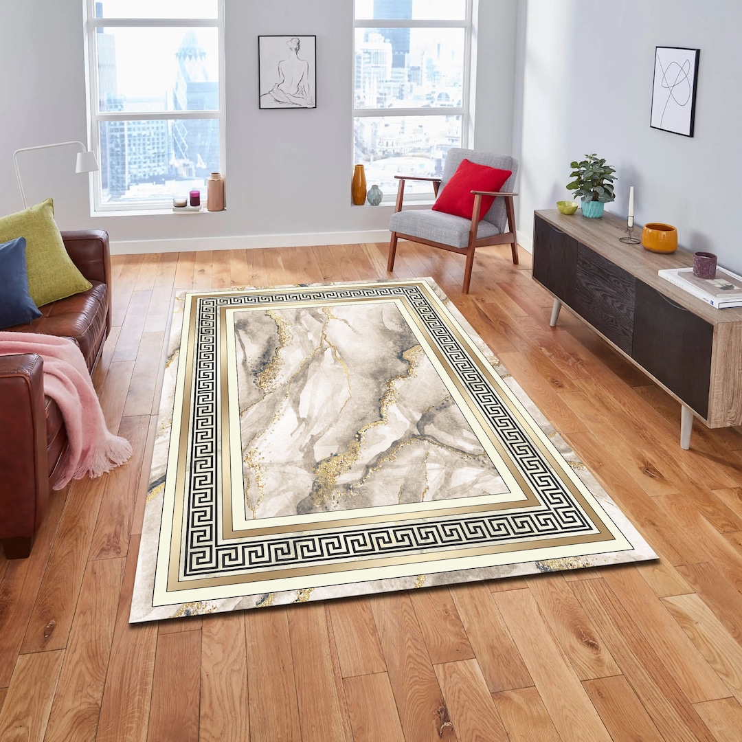 Greek Round Rug Texture Beige and Gold Ancient Greek Wave Rug, Greek Mythology, Modern Rug ...
