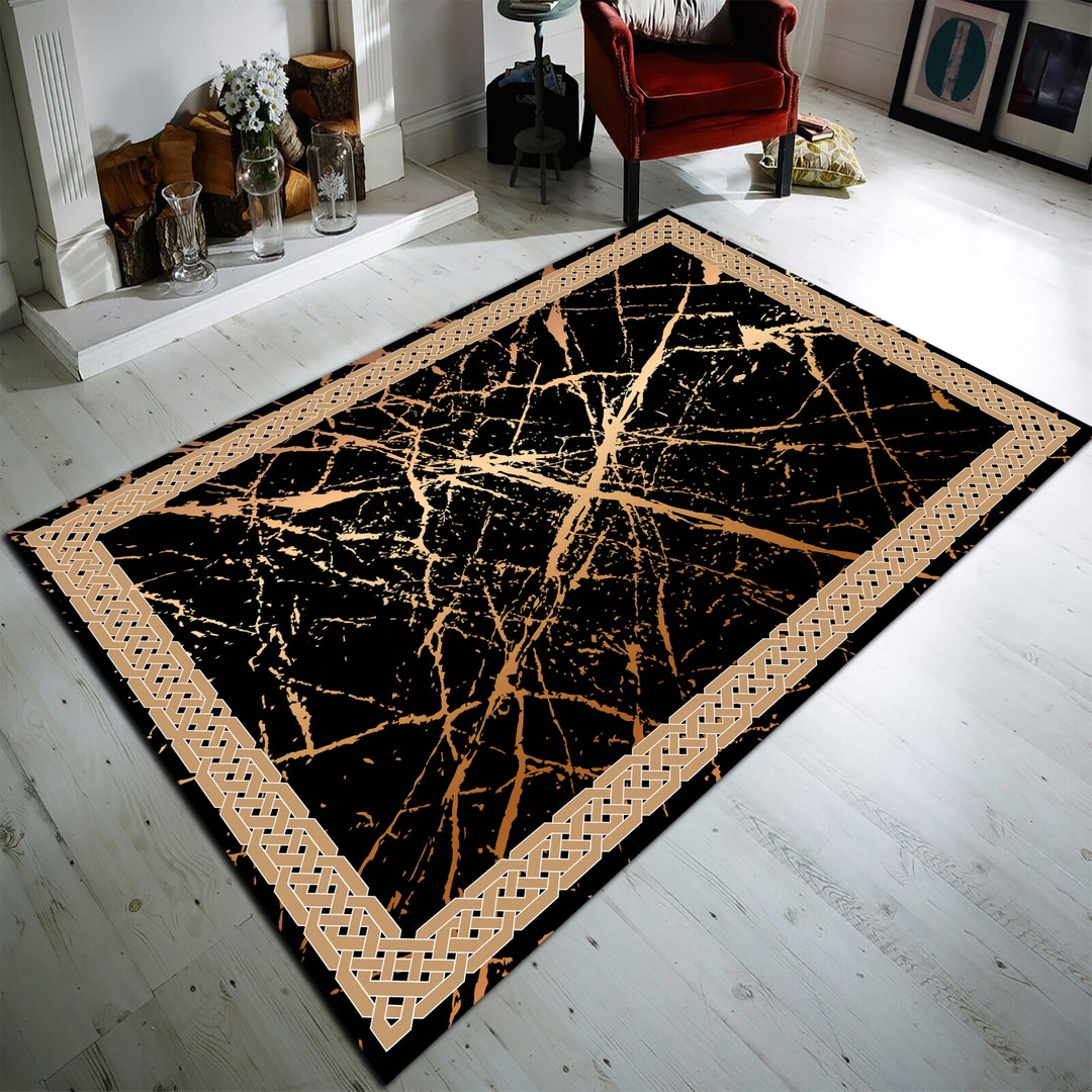 Black and Gold Marble Area Rug, for Living Room, Medusa Carpet, Greek