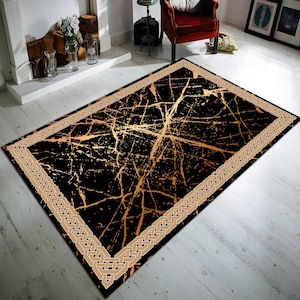 Black and Gold Marble Area Rug, For Living Room, Medusa Carpet, Greek Key Rug, Modern Rug, Floor Rug, Classic Stylish Rugs, Popular Rug