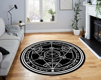 Pentagram Round Rug, Black and White Satanic Star Design