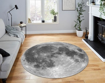 Tapete redondo 3D com estampa de lua cheia, feito de algodão, com decoração espacial e planetária.