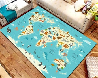 Kids World Map Rug | Cotton Play Mat, Nursery Decor