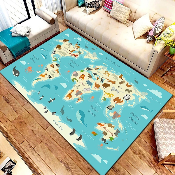 MUNDO / Alfombra de mapa de habitación para niños, Alfombra de juego suave, Alfombra de juego, Alfombra de guardería, Alfombra de actividades, Explorador, Tierra de aprendizaje, Niños, Niñas, Niños, Regalo ideal