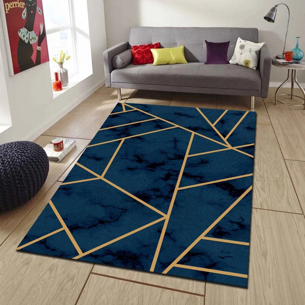 Blue and Gold Marble Textured Rug, Marble Design Modern Rug, Home Decor, Living Room Rug, Area Rug, Machine Washable, Home Decor, Luxury Rug