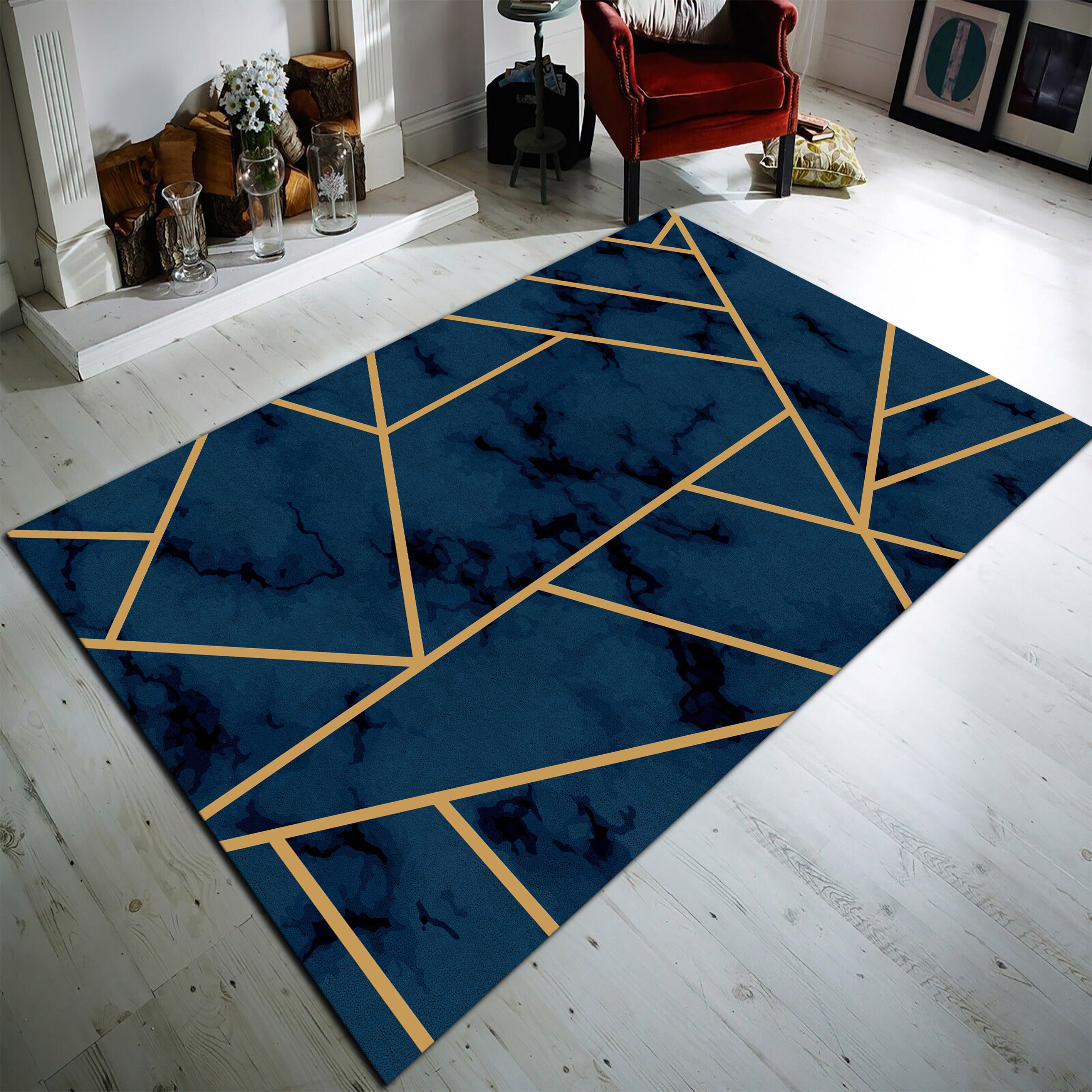 ポーランド ラグ／セミダブルサイズ／幾何学柄／ブルー×マルチカラー／撮影背景にも ポーランド ラグ／セミダブルサイズ／幾何学柄／ブルー×マルチカラー