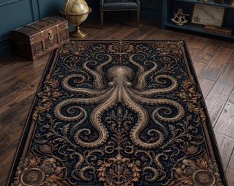Victorian Octopus Area Rug, Gothic Nautical Kraken Decor, Baroque Coastal Carpet