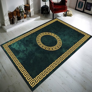 green and Gold Ancient Greek Wave Rug, Greek Mythology, Modern Rug, Printed Carpet, Home Decor, Living Room Rug, Area Rug, Machine Washable