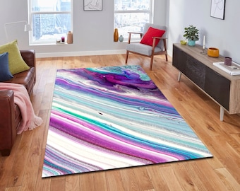 Purple Abstract Rug, Modern Art Deco Style, Cotton Blend