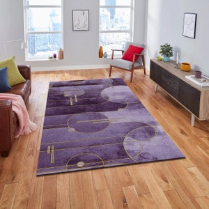 Modern Purple Chenille Rug, Abstract Geometric Design, Cotton Base