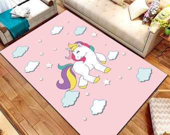 Pink Unicorn Carpet, Rainbow Non-Slip Playroom Rug