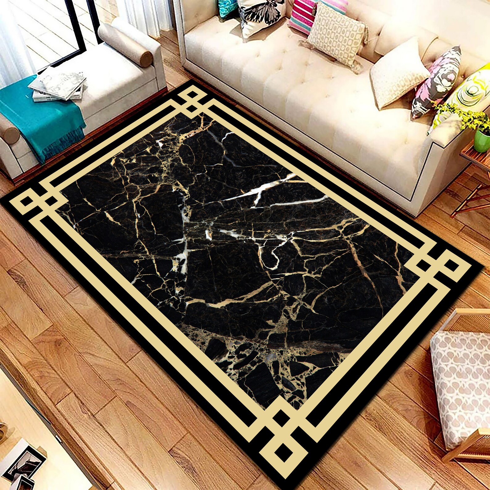 Black Marble Area Rug, Gold Greek Key Border, Modern Medusa Carpet - Etsy