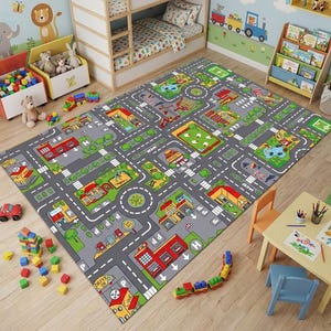 Kids City Map Rug, Playroom Road Carpet, Cotton Base