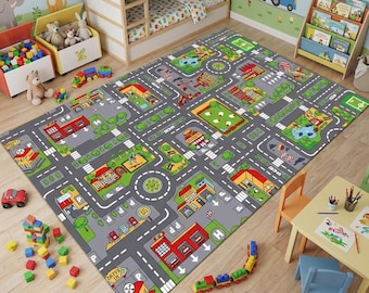 Kids City Map Rug, Playroom Road Carpet, Cotton Base