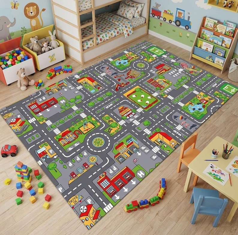 Kids City Map Rug, Playroom Road Carpet, Cotton Base - Etsy