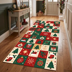 Christmas Patchwork Runner Rug: Red Green Checkered Pattern, Festive Trees, Snowflakes, Ornaments, Holiday Carpet