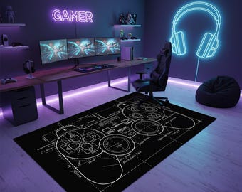 Game Console Rug, Black & White Gaming Rug, Cotton Polyester Blend