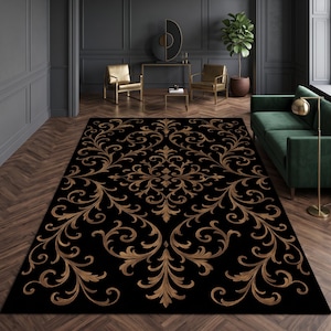 Noir Baroque Ornate Rug – Elegant Black and Gold Carpet with Vintage Scrollwork, Classic Gothic Luxury Rug for Living Room Decor