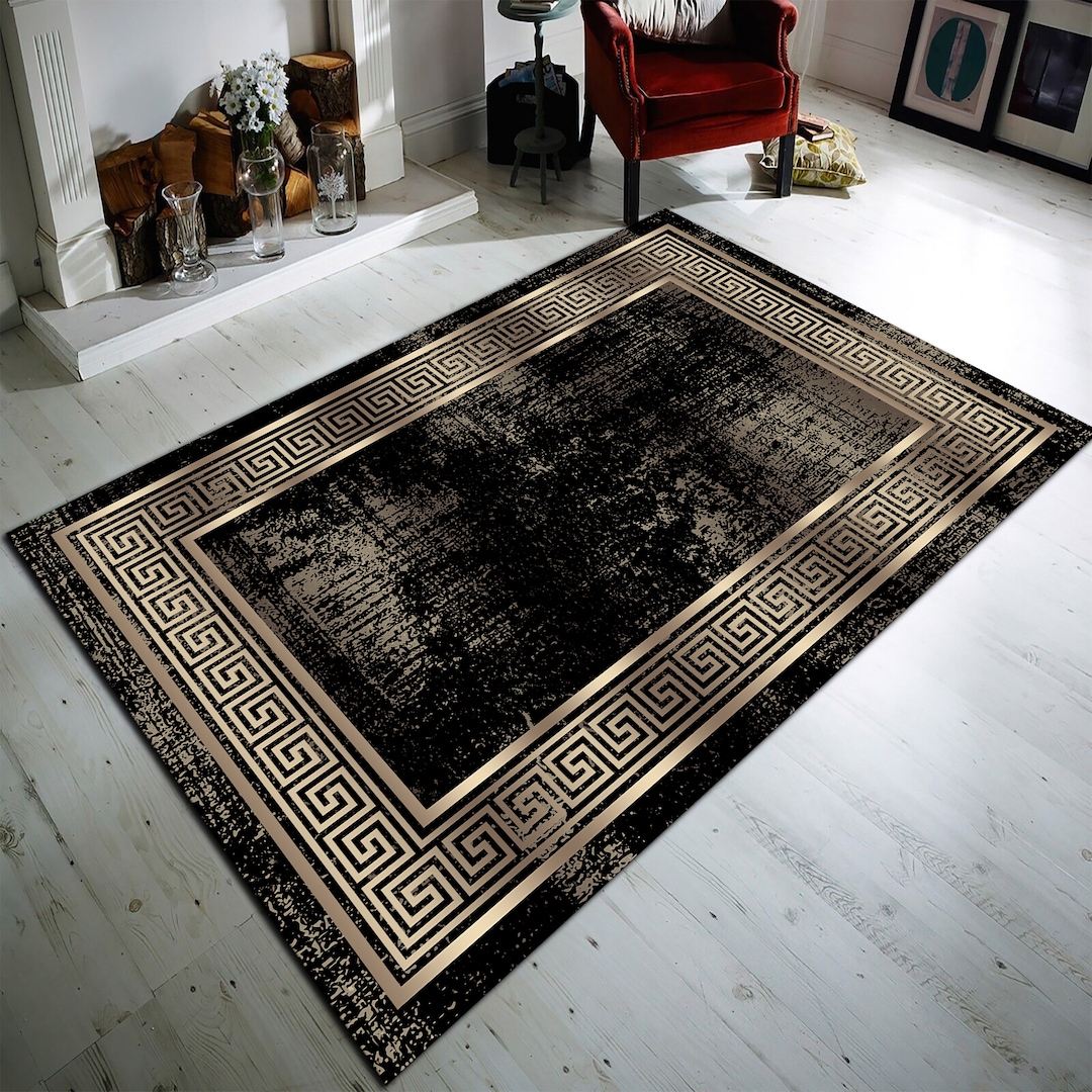 Black Marble Area Rug, Gold Greek Key Border, Modern Medusa Carpet - Etsy