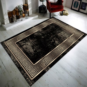 Black and Gold Marble Area Rug, For Living Room, Medusa Carpet, Greek Key Rug, Modern Rug, Floor Rug, Classic Stylish Rugs, Popular Rug