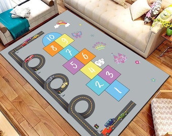 Hopscotch Kids Room Rug, Non-Slip Play Mat, Cotton Base