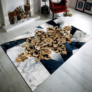 Blue and Gold Damask Rug, Ethnic Design Floral Carpet, Oriental Floor Rug, Home Decor, Living Room Rug, Area Rug, Luxury Rug, Turkish Rug