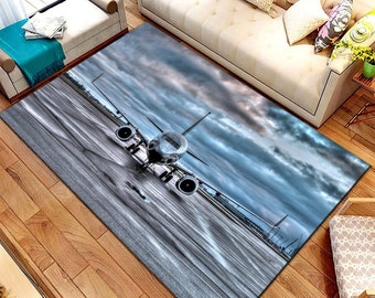 Jet Plane Area Rug, Airport Runway Theme, Cotton Base