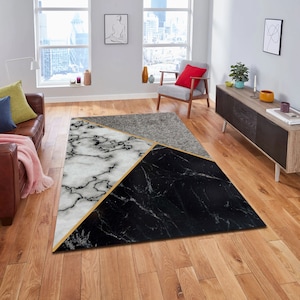 Black and White Marble Textured Rug, Modern Rug, Black and Gray Rug, Gold Rug, Home Decor, Living Room Rug, Area Rug, For Living Room, Gift