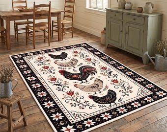 Farmhouse Chicken Rug, Folk Art Rooster Area Rug, Rustic Floral Hen Decor, Black White Red Kitchen Floor Mat