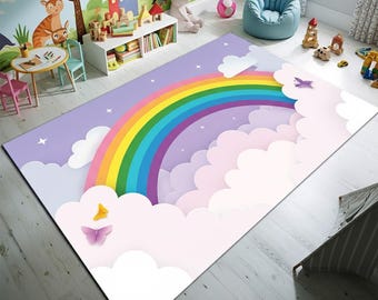 Rainbow Kids Room Rug, Soft Nursery Carpet, Washable Playroom Decor