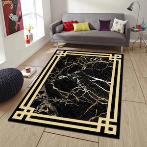 Black and Gold Marble Area Rug, For Living Room, Medusa Carpet, Greek Key Rug, Modern Rug, Floor Rug, Classic Stylish Rugs, Popular Rug