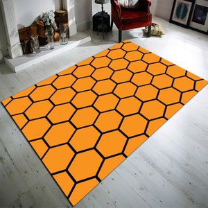 Bee Pattern Rug,Honey Pattern Rug,Honey Theme Rug,Hexagon Rug,Hexagon Pattern Rug,Living Room Rug,Bedroom Rug,Area Rug,Custom Rug,Orange Rug