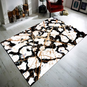 Black and White Marble Textured Rug, Modern Rug, Black and Gray Rug, Gold Rug, Home Decor, Living Room Rug, Area Rug, For Living Room, Gift
