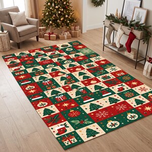 Christmas Patchwork Runner Rug: Red Green Checkered Pattern, Festive Trees, Snowflakes, Ornaments, Holiday Carpet