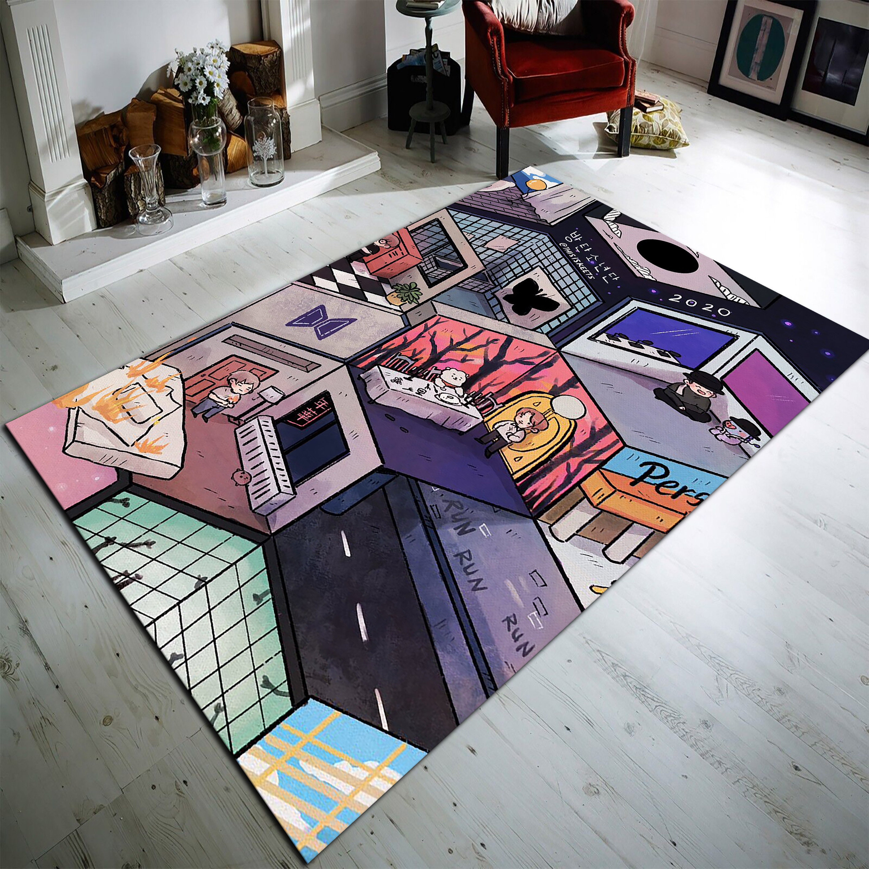 Discover BTS Patterned Rug, Musician Band Carpet, Cotton Polyester Blend
