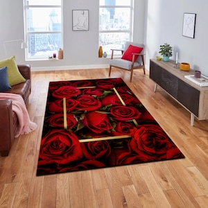 Red Rose Rug, Red and Gold Rose Rug, Love Themed Rug, Rose Decor Rug, Red Rose Carpet, Living Room Rug, Non-Slip Machine Washable Carpet
