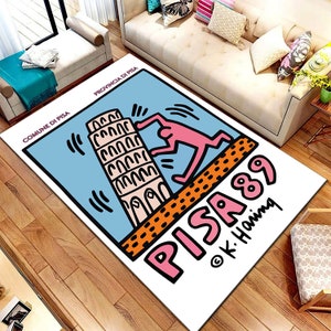 Keith Haring Dancing Rug,KH Rug, KH Pisa 89 Rug, Popular Rug, Pisa Tower Themed Rug, Pop Art Rug, Gift Carpet, Colorful Rug, Popular Street