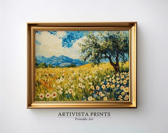 May include: A painting of a field of wildflowers with a tree in the background. The sky is blue with white clouds. The painting is framed in a gold frame.