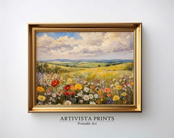 May include: A framed landscape painting featuring a vibrant field of wildflowers in full bloom. The artwork showcases a sunny meadow with colorful flowers, rolling hills, and a cloudy sky. The frame is gold.