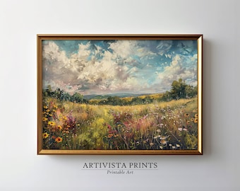 May include: A painting of a field of wildflowers with a blue sky and white clouds in the background. The painting is framed in a gold frame.