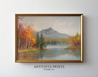 Serene Autumn and Mountain Lake Scene Landscape Horizontal Digital Wall Art, Artivista Prints