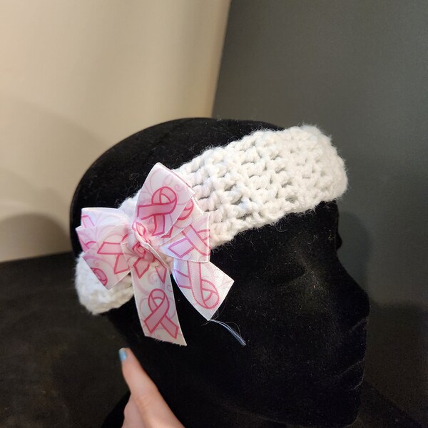 Crochet Headband w/ Hair tie- White w/ Breast Cancer Awareness Bow