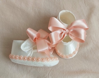 Baby Girl Pink Baptism Shoes with pearls Girl Christening Shoes  Baby Shower Gift Newborn Shoes Toddler Baptism Ribbon Shoes for newborn