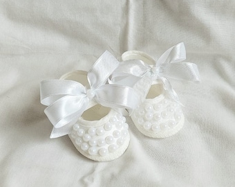 Baby Girl White Baptism Shoes with pearls Girl Christening Shoes  Baby Shower Gift Newborn Shoes Toddler Baptism Shoes Gift for newborn
