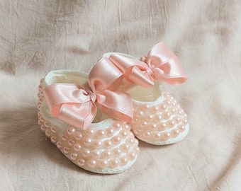 Baby Girl Pink Baptism Shoes with pearls Girl Christening Shoes  Baby Shower Gift Newborn Shoes Toddler Baptism Shoes Gift for newborn