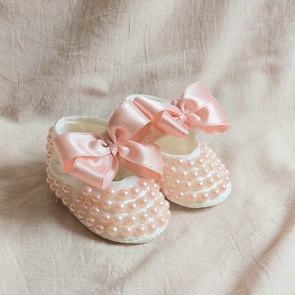 Baby Girl Pink Baptism Shoes with pearls Girl Christening Shoes  Baby Shower Gift Newborn Shoes Toddler Baptism Shoes Gift for newborn