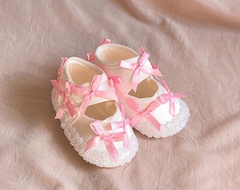 Baby Girl Pink Baptism Shoes with pearls Girl Christening Shoes  Baby Shower Gift Newborn Shoes Toddler Baptism Ribbon Shoes for newborn