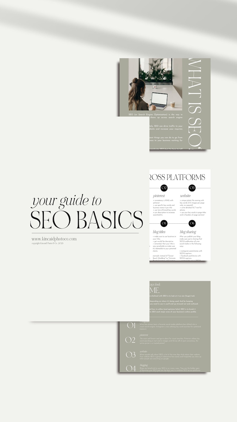 May include: A guide to SEO basics with tips on using Pinterest, websites, blog titles, and blog sharing to improve search engine optimization. The text "WHAT IS SEO?" is in a white sans-serif font on a green background. The text "your guide to SEO BASICS" is in a black sans-serif font on a white background. The text "ROSS PLATFORMS" is in a black sans-serif font on a white background. The text "pinterest" is in a black sans-serif font on a white background. The text "website" is in a black sans-serif font on a white background. The text "blog titles" is in a black sans-serif font on a white background. The text "blog sharing" is in a black sans-serif font on a white background. The text "ME" is in a white sans-serif font on a green background. The text "O1" is in a white sans-serif font on a green background. The text "O2" is in a white sans-serif font on a green background. The text "O3" is in a white sans-serif font on a green background. The text "O4" is in a white sans-serif font on a green background.
