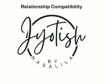 Puede incluir: Fondo blanco con el texto "Relationship Compatibility" en la parte superior. Un diseño circular negro con la palabra "Jyotish" en cursiva en el centro. Las palabras "By Salila" están en un círculo en la parte inferior.